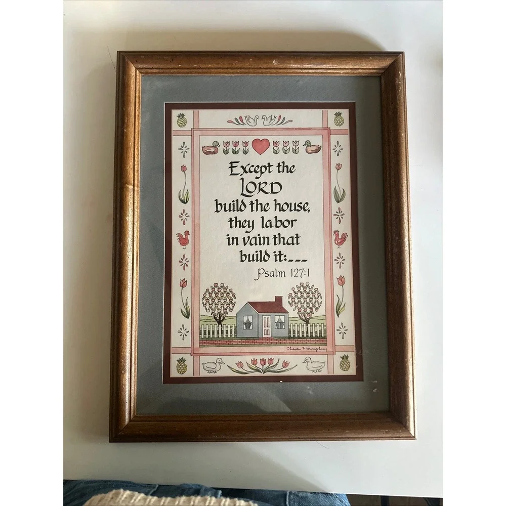 Charles F Humphrey Framed Folk Art Psalm 127:1‎ Scripture Print Vintage 13x16
